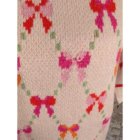NWT Bow Print Coquette Artsy Cream Sweater Colorful Preppy - Picture 3 of 15